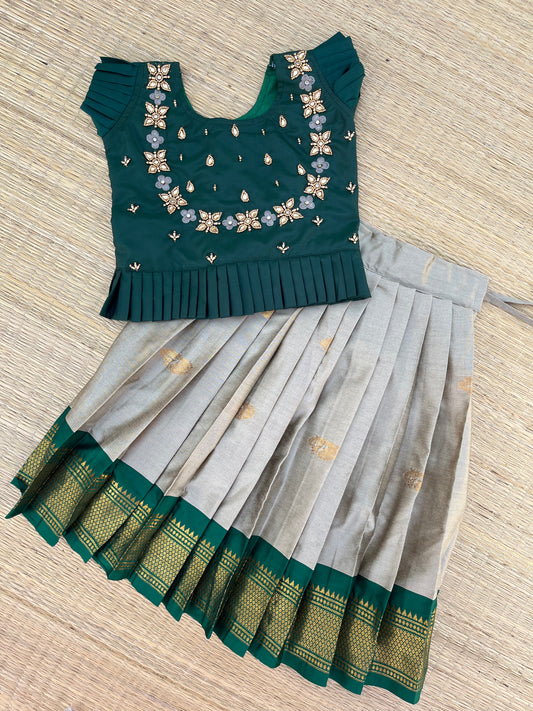 Feminine Chic: Grey Skirt and Dark Green Top Set with Intricate Aari Work