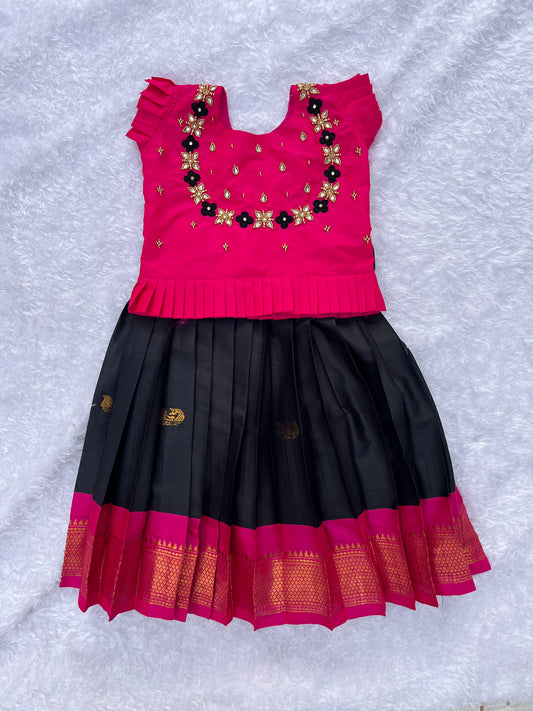 The Fusion: Pinkish Red Top with Aari Work & Sleek Black Skirt