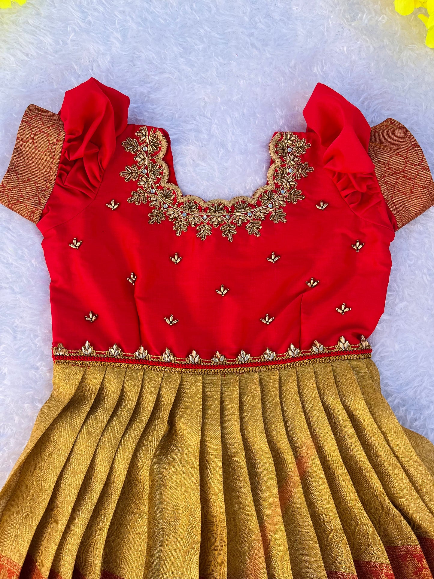 Ceremonial Charm: Kids Red Frock with Golden Detailing