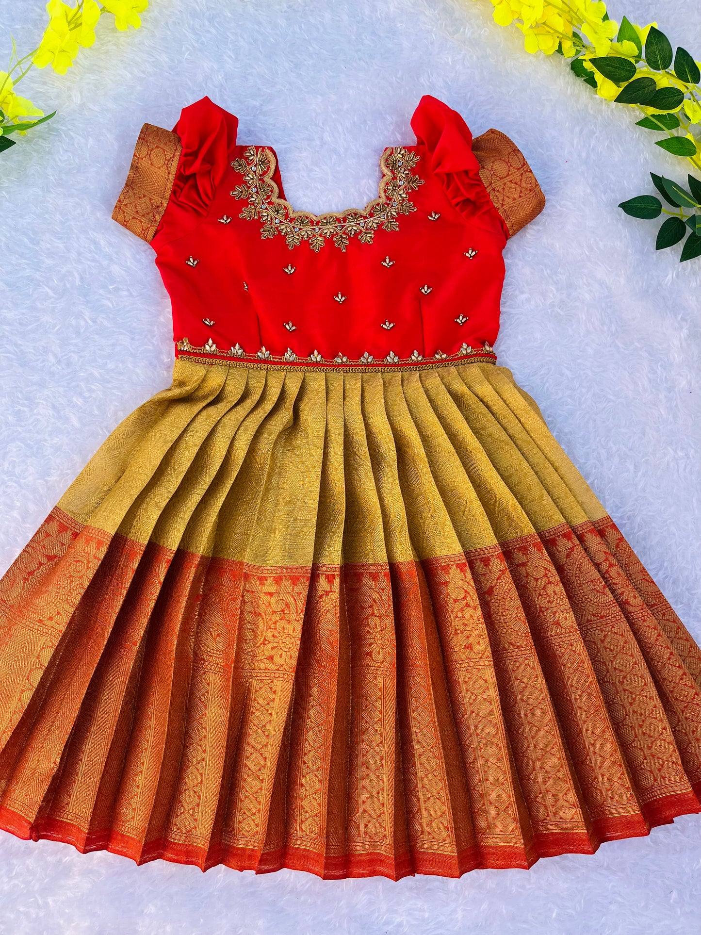 Ceremonial Charm: Kids Red Frock with Golden Detailing