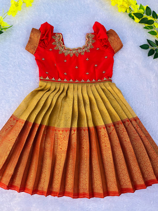 Ceremonial Charm: Kids’ Red Frock with Golden Detailing