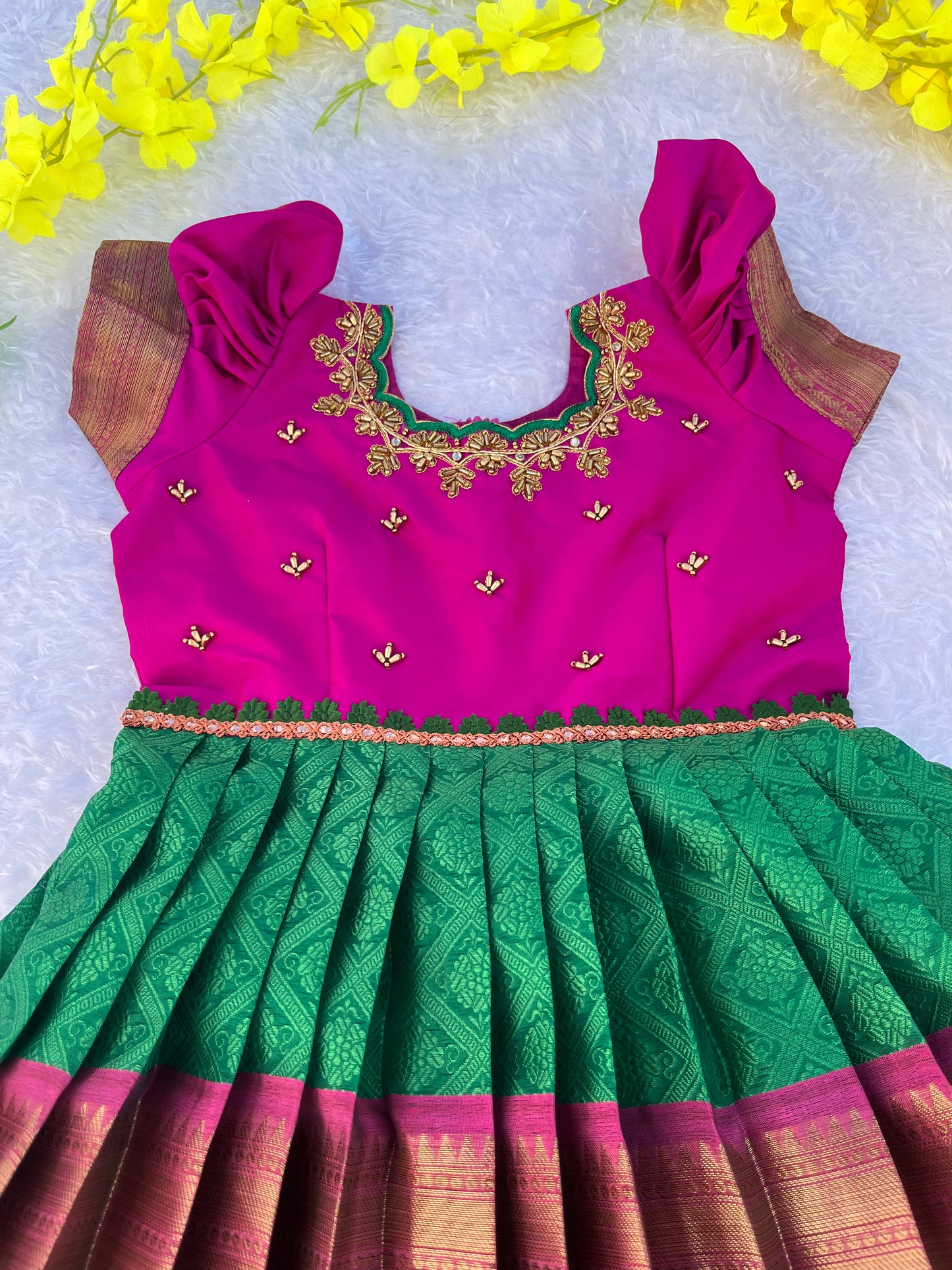 Enchanting Purple and Golden Embroidered Frock with Green Waistband