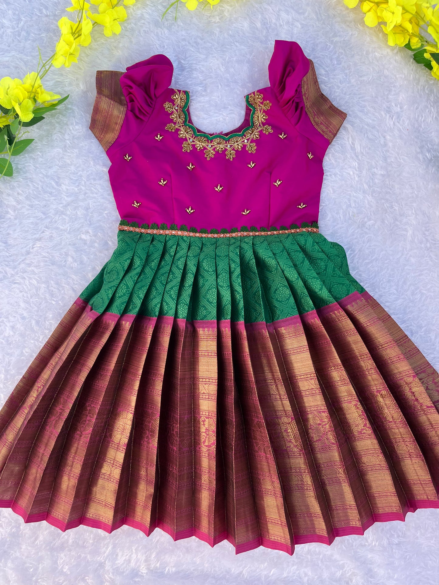 Enchanting Purple and Golden Embroidered Frock with Green Waistband