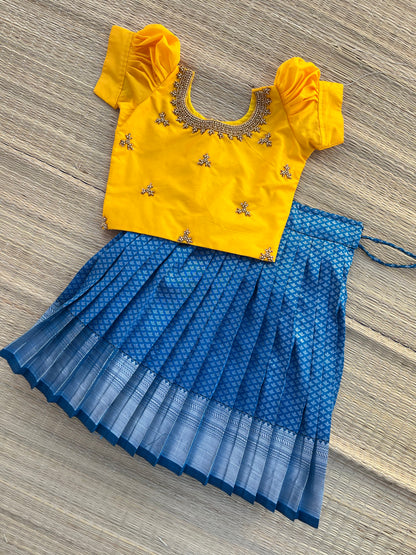 Chic Simplicity: Semi Silk Yellow Aari Top and Cool-Toned Skirt Duo