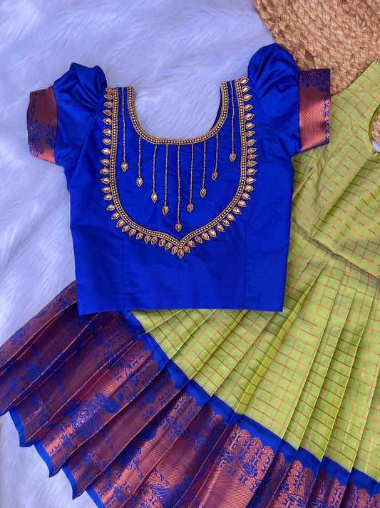 Green Checked Semi-Silk Petticoat with Aari Top