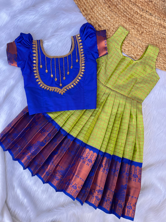 Green Checked Semi-Silk Petticoat with Aari Top