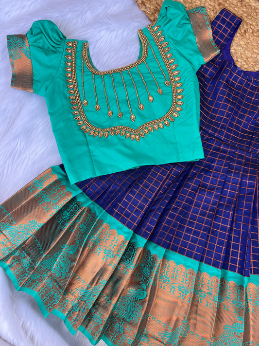 Teal Semi-Silk Petticoat with Aari