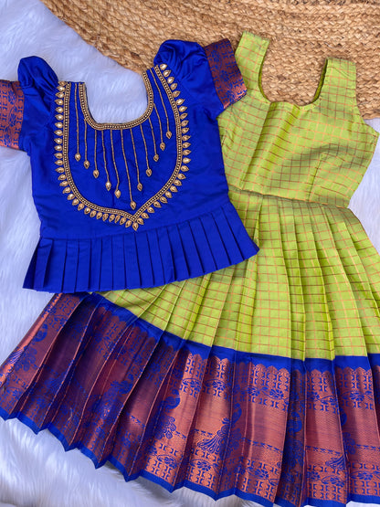 Green Checked Semi-Silk Petticoat with Aari Top