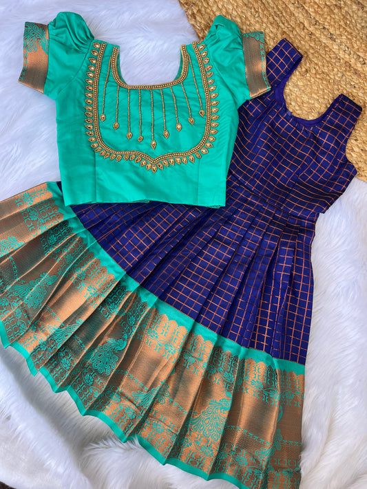 Teal Semi-Silk Petticoat with Aari