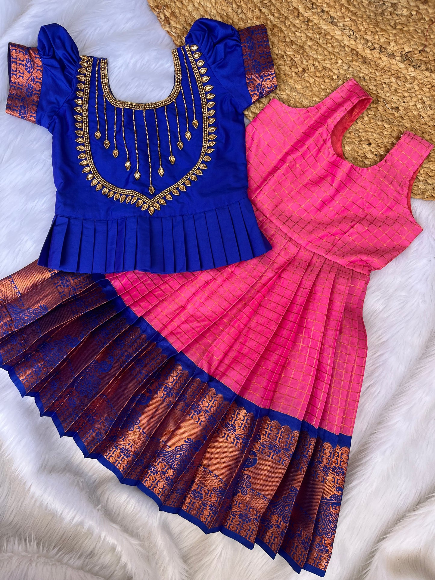Kids Semi-Silk Petticoat with Aari Work Top