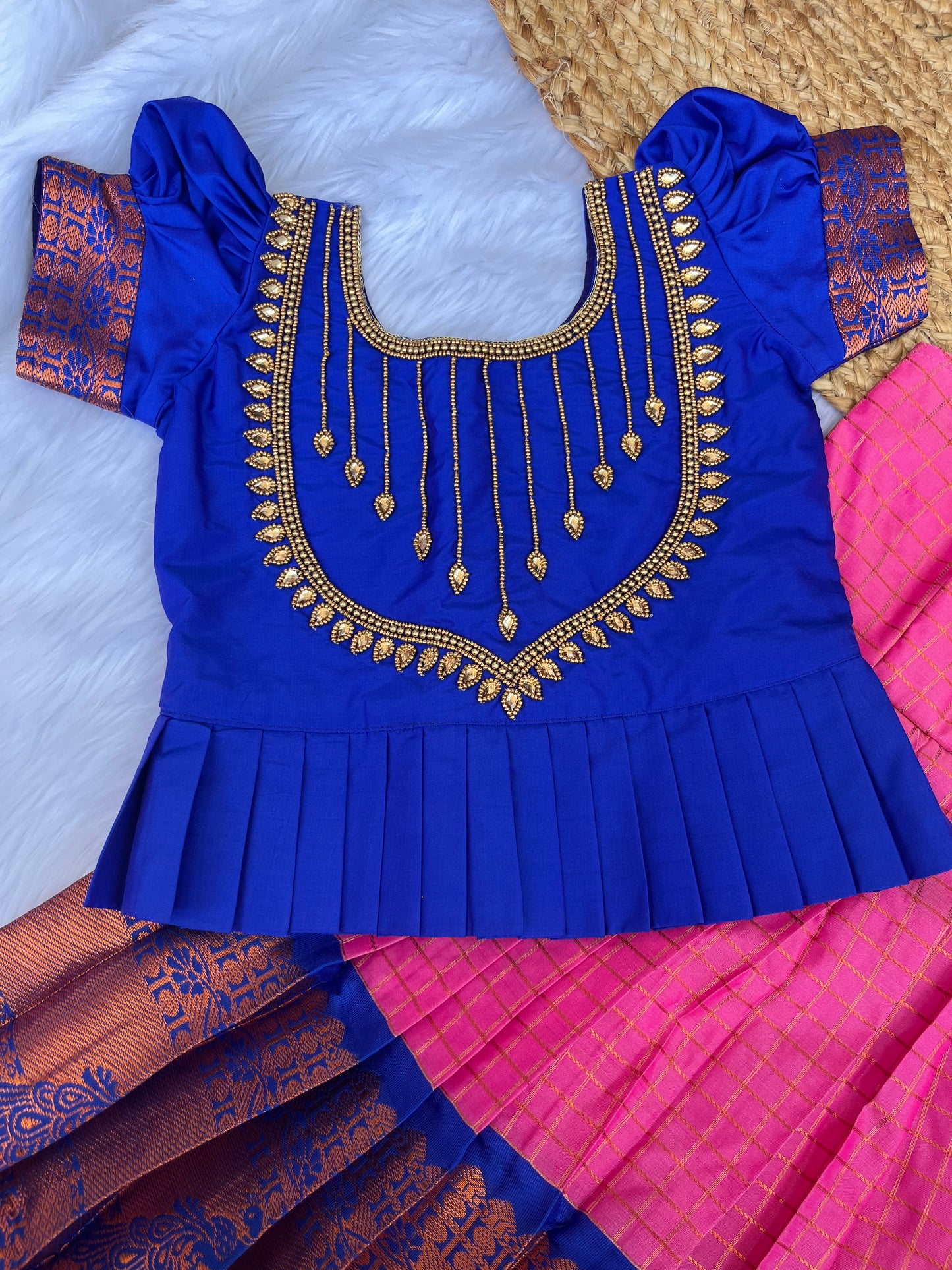 Kids Semi-Silk Petticoat with Aari Work Top