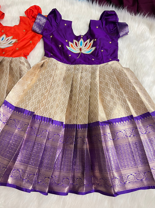 Purple & Cream Kids Frock with Aari Flowers