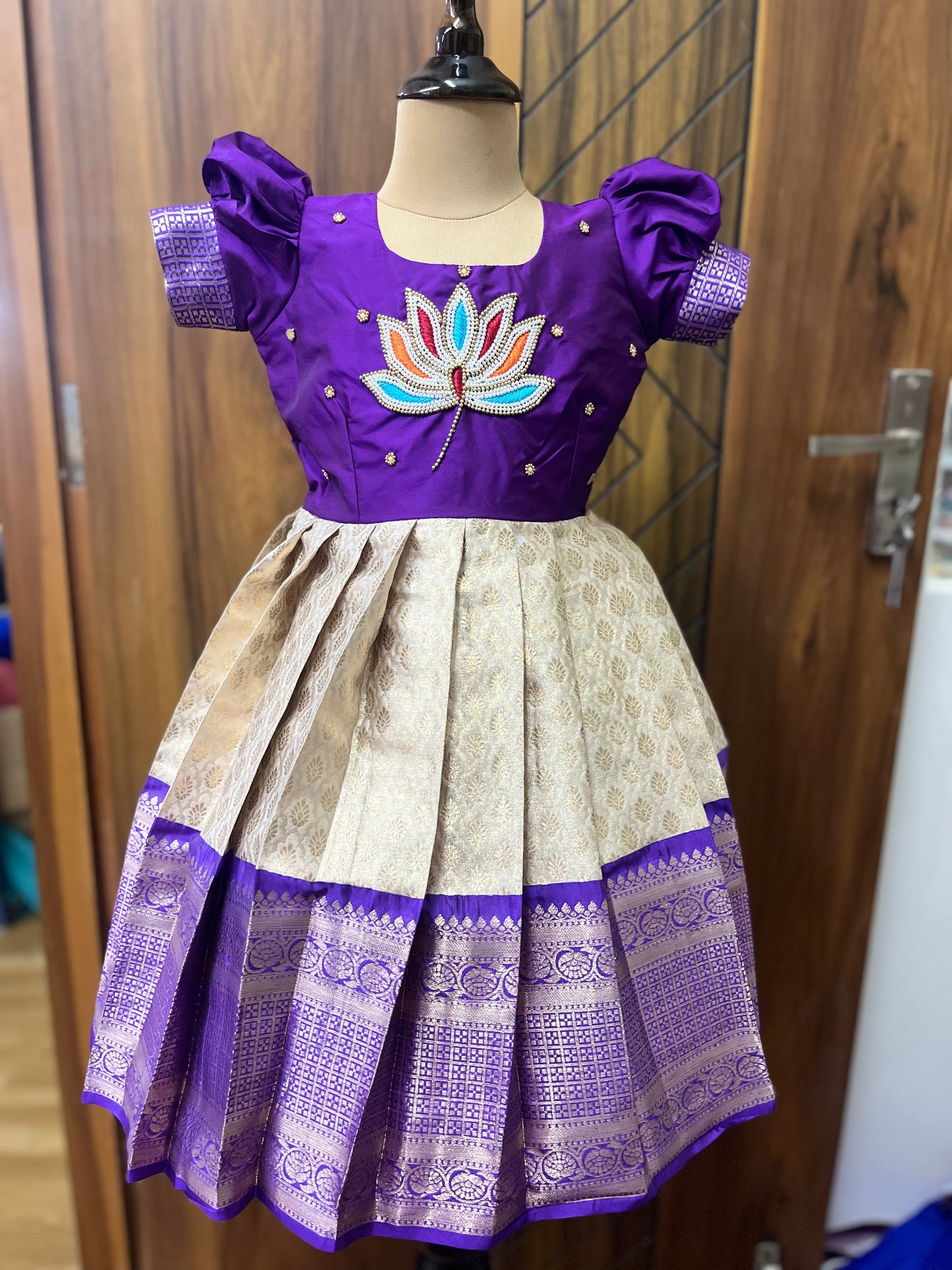 Purple & Cream Kids Frock with Aari Flowers