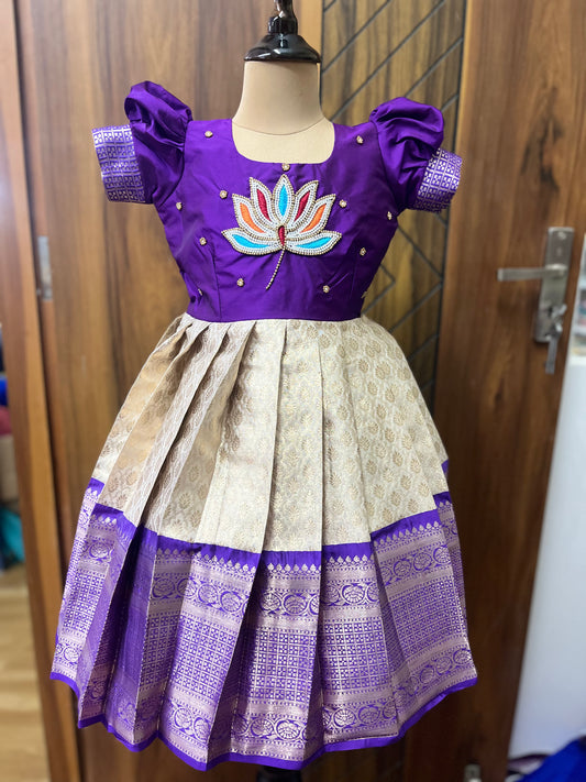 Purple & Cream Kids Frock with Aari Flowers