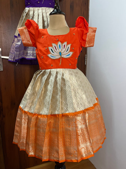 Orange & Cream Kids Frock with Aari Flowers