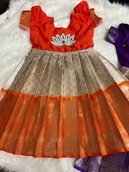Orange & Cream Kids Frock with Aari Flowers