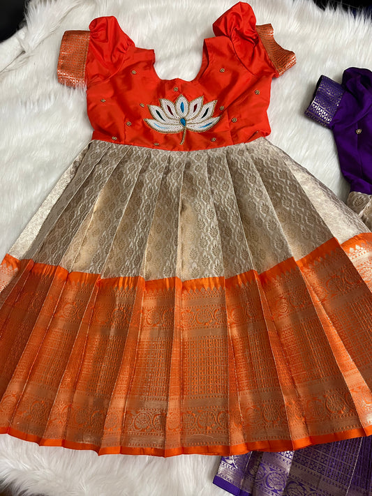 Orange & Cream Kids Frock with Aari Flowers