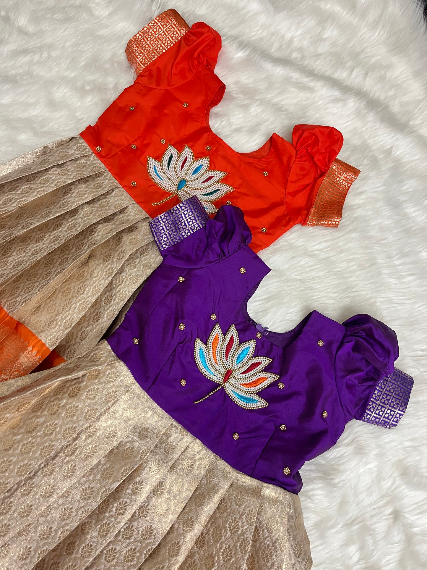 Purple & Cream Kids Frock with Aari Flowers