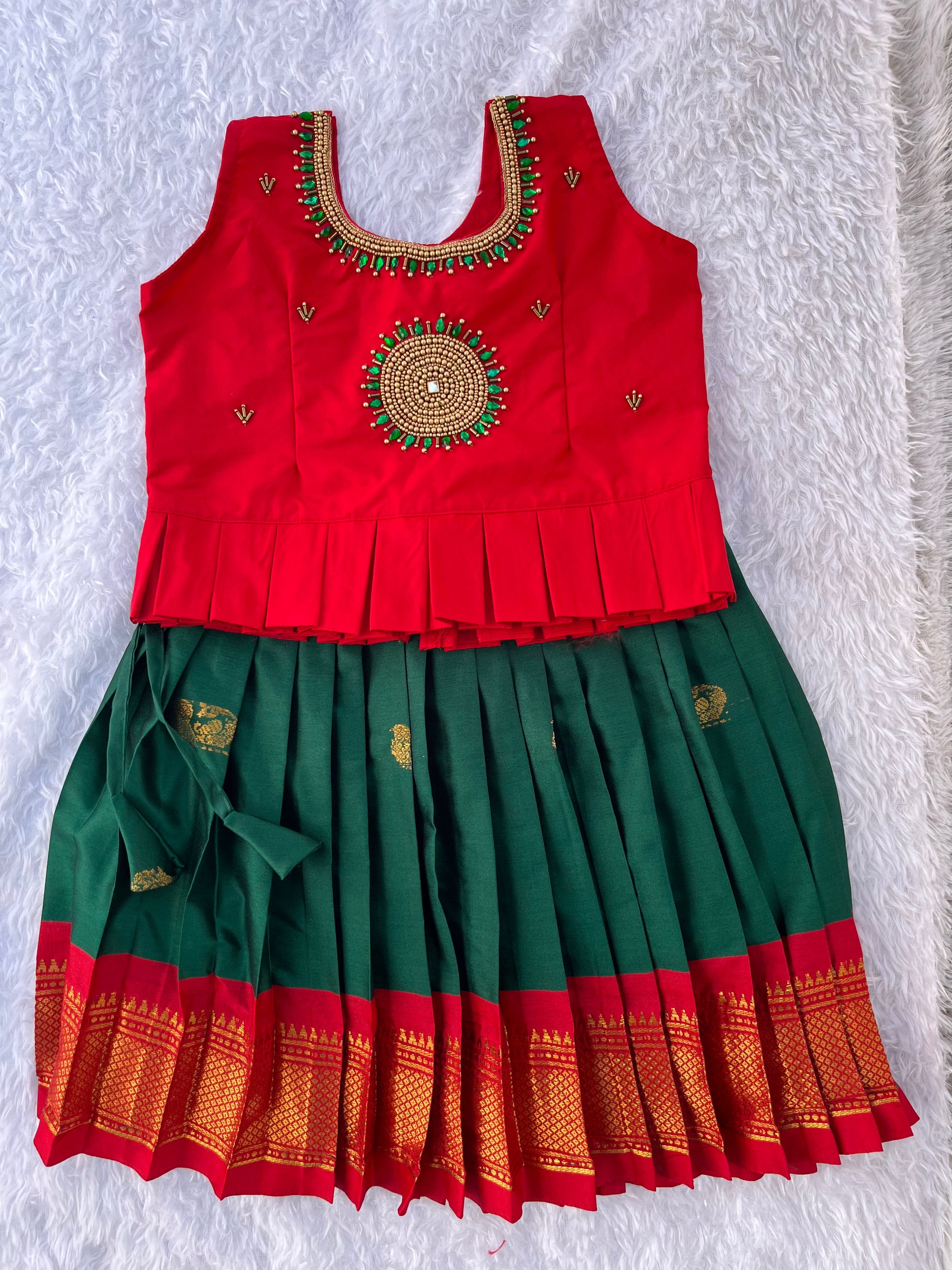 Vibrant Red and Green Pattu Pavadai Set for Kids – Kalas Couture India