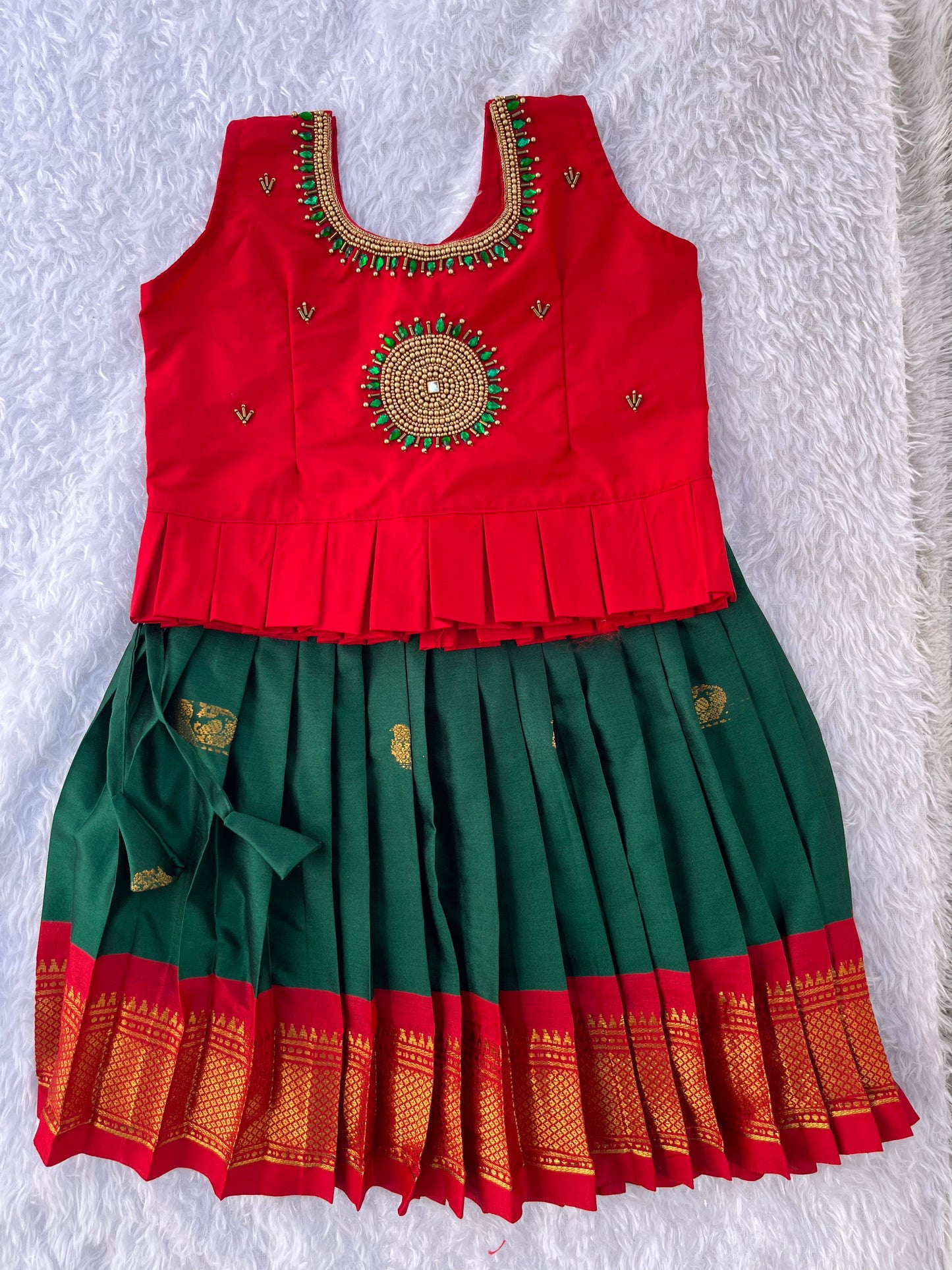 Vibrant Red and Green Pattu Pavadai Set for Kids