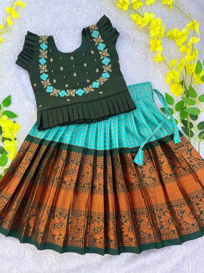 Luxurious Festive Kids' Lehenga with Exquisite Golden Embellishments