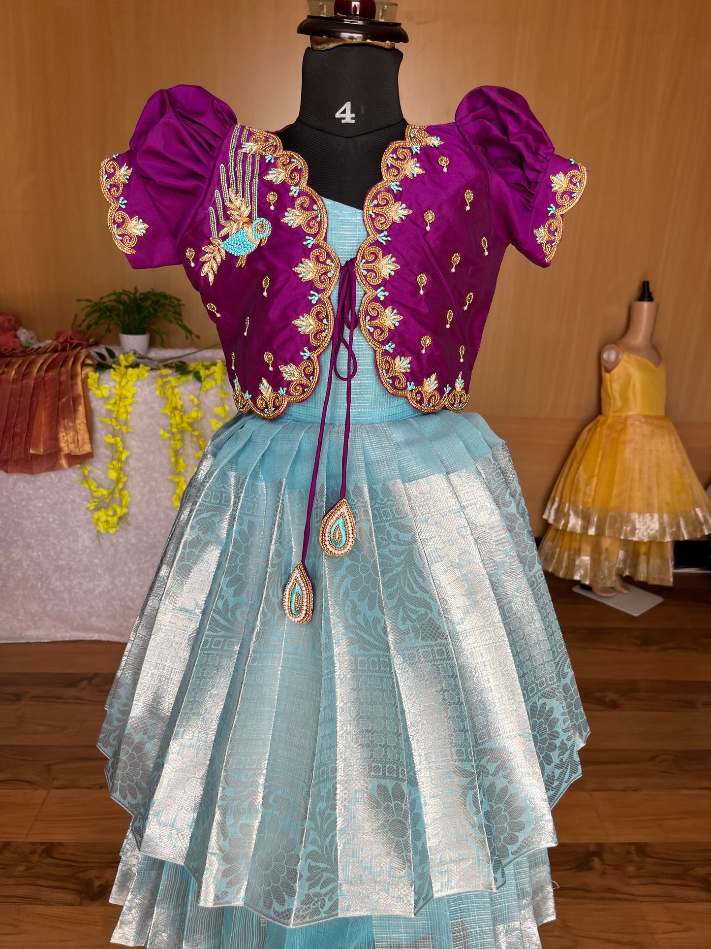2 Tier Layered Skirt and Purple Top Aari work  : Premium