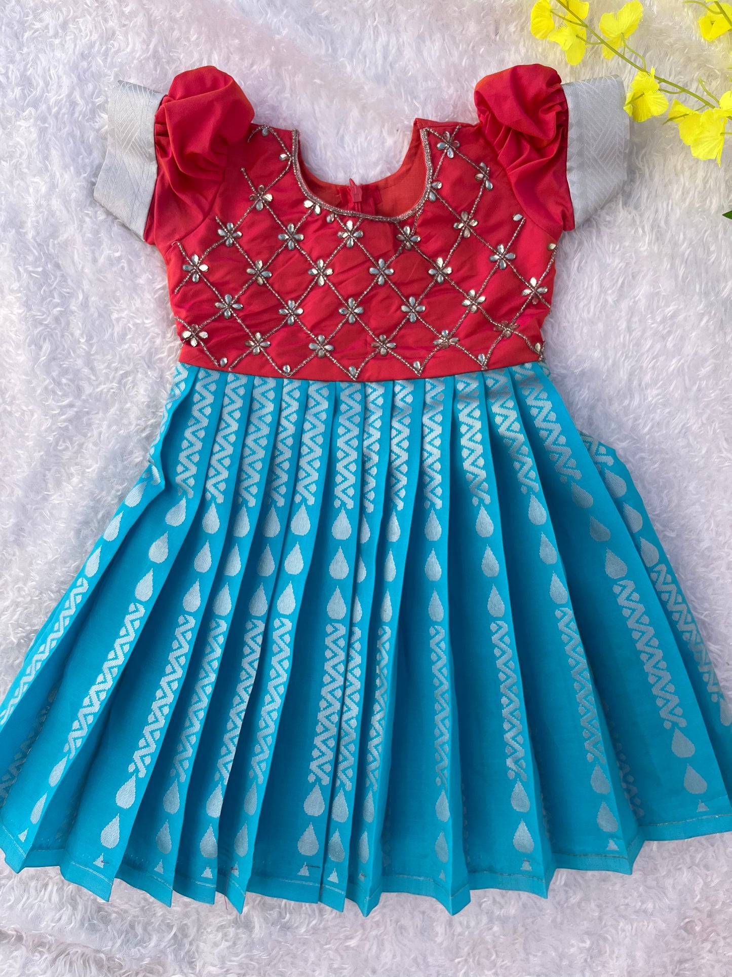 Red and Turquoise Pleated Party Frock