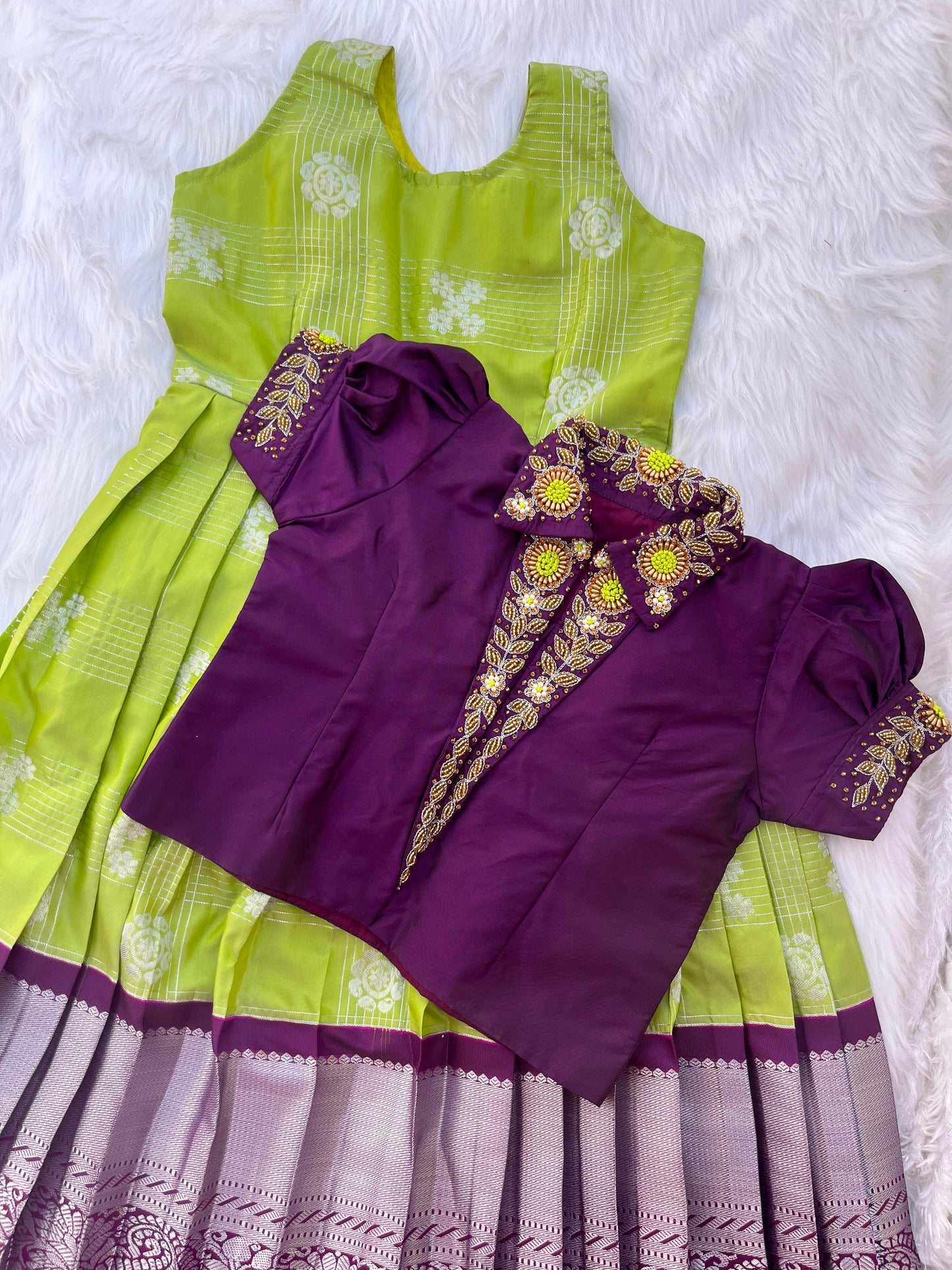 Grand Kanchi Silk Aari work frock with collar pattern for Pongal