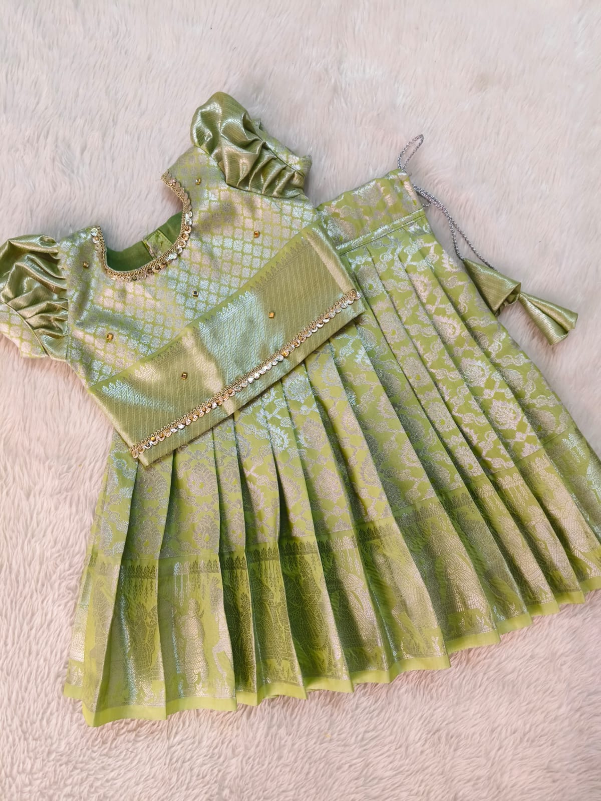 Leaf Green Semi-Silk Pattu Pavadai