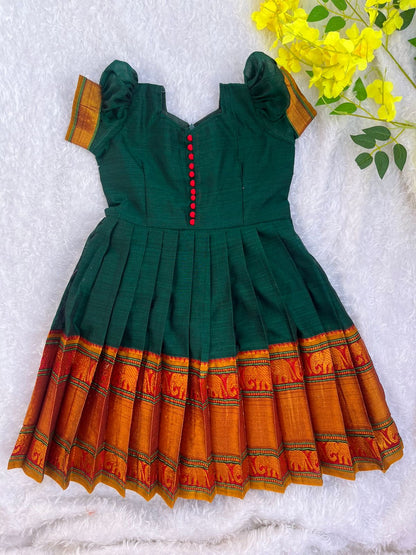 Traditional Green Narayanapet Cotton Frock with Pleated Design