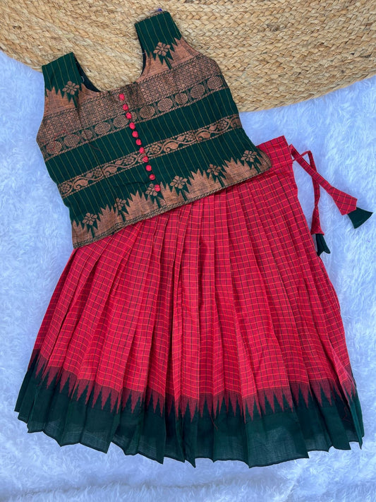 Unmatched Comfort: Red Checked Skirt and Green Top Set