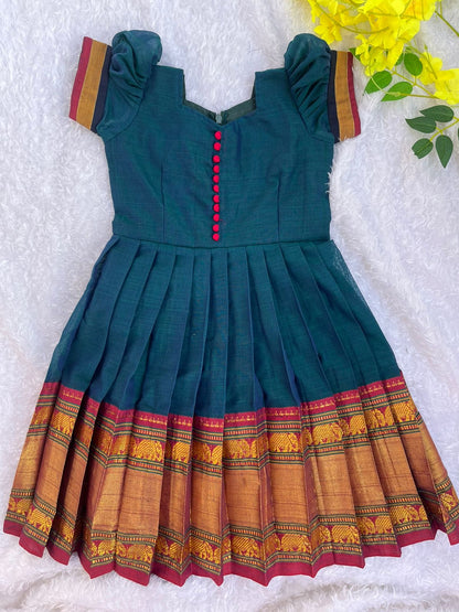 Traditional Green Narayanapet Cotton Frock with Pleated Design