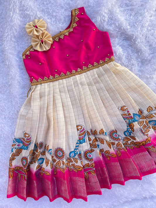 Hands Stock : Cream & Pink Dola Silk Colorful Frock - 2 Yr