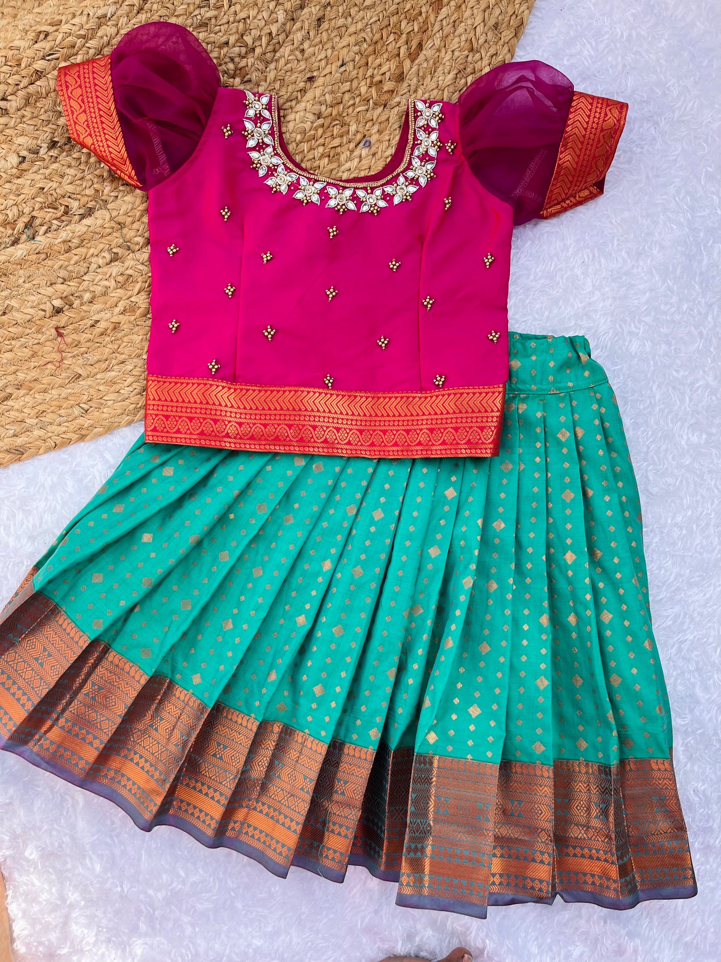 Lehenga Choli with Handmade Aari Work – Magenta and Teal Green