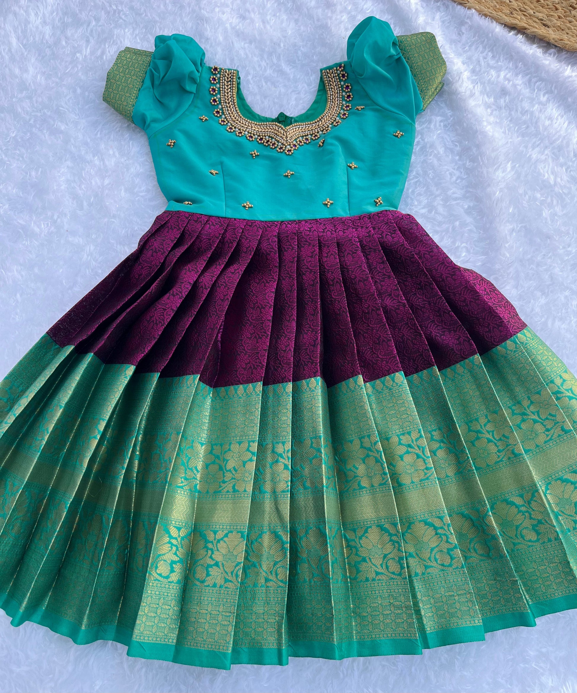 Radiant Symphony: Aari-Adorned Beetroot Pink and Sea Green Frock