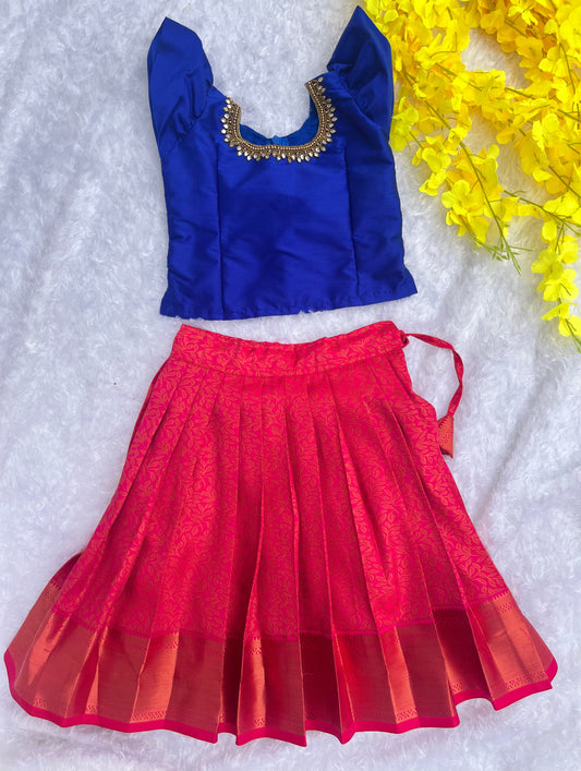 Red Semi Silk Skirt with Radiant Blue top with Aari Work