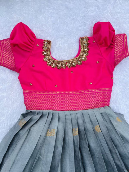 Gray Bottom and Pink Top Frock: Exquisite Aari Detailing – Kalas