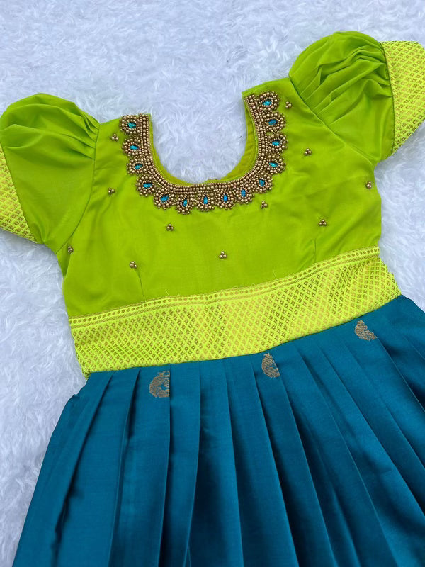 Parrot Green and Prussian Blue Frock: Intricate Aari Work Neckline