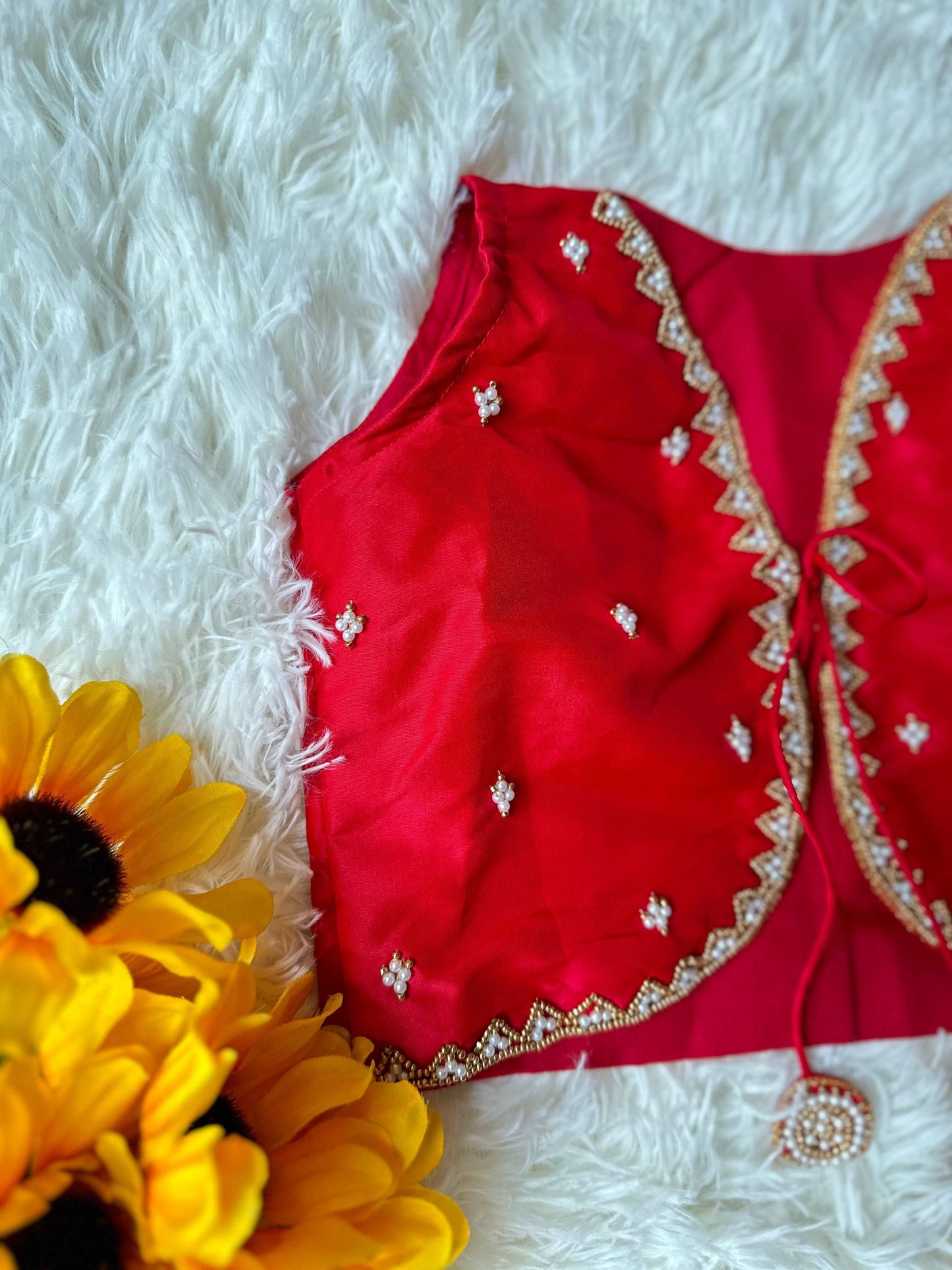 Red Elegance: Beadwork Yoke Frock with Overcoat