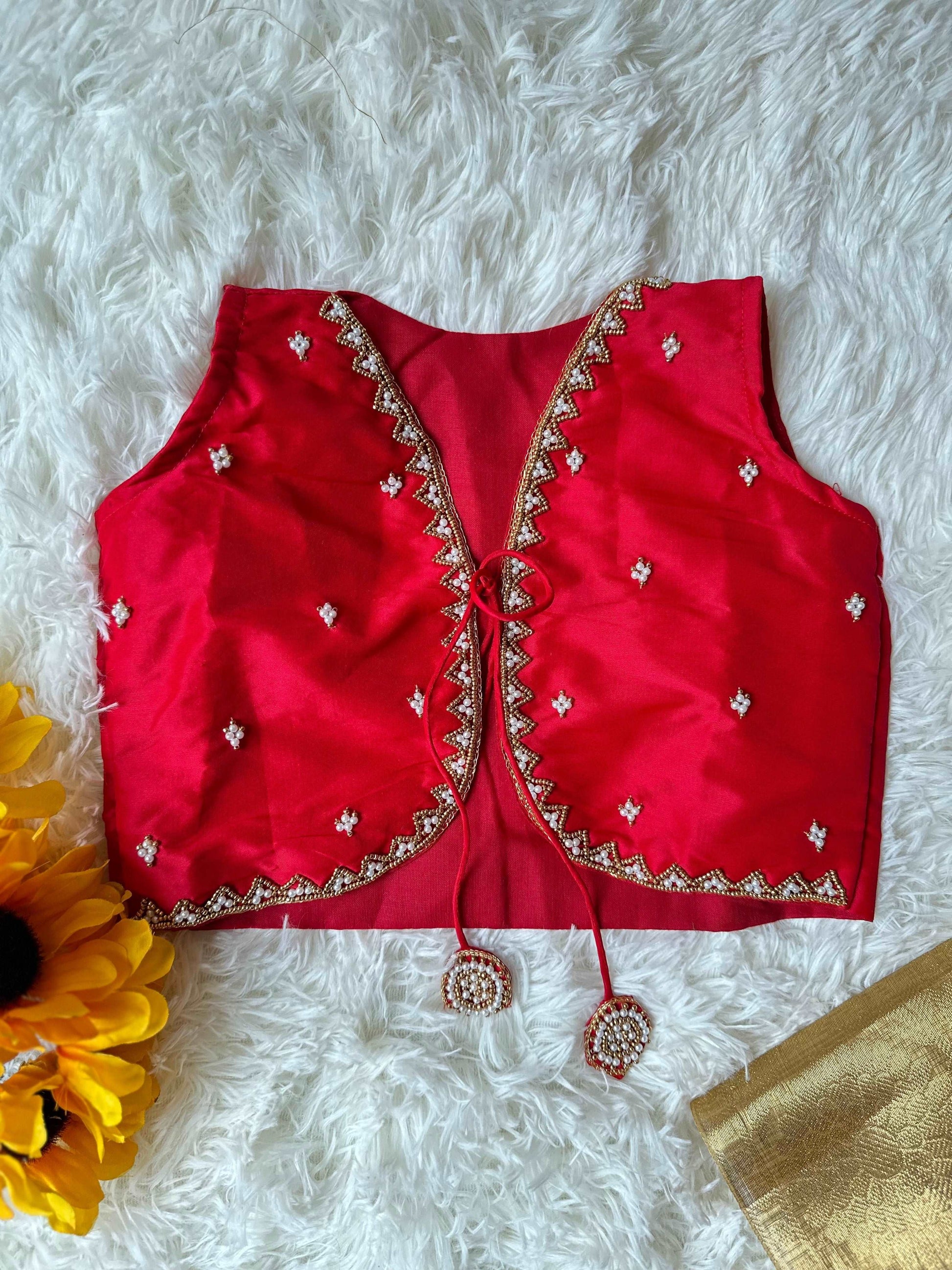 Red Elegance: Beadwork Yoke Frock with Overcoat