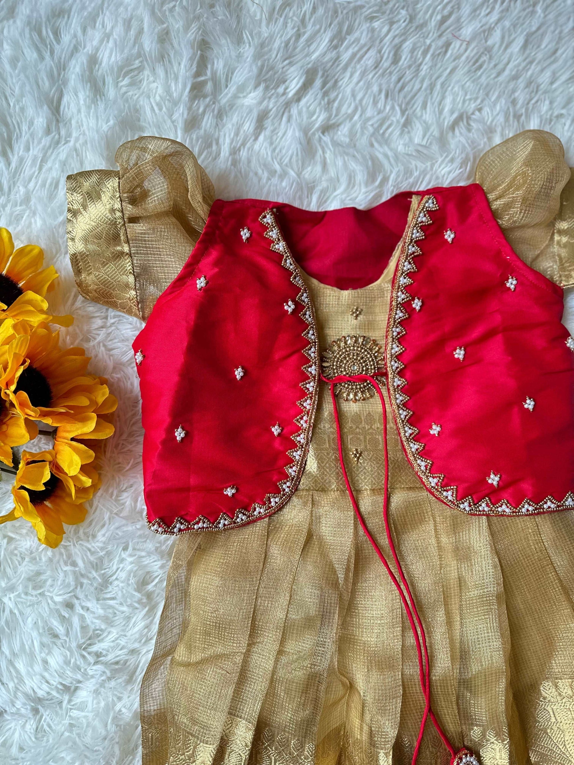 Red Elegance: Beadwork Yoke Frock with Overcoat