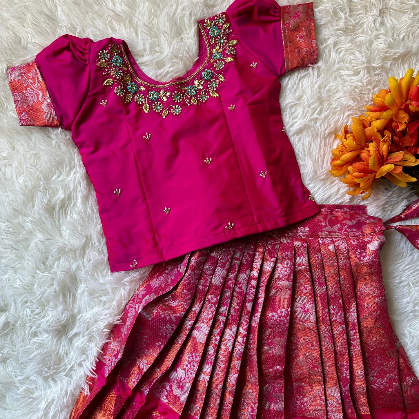 Radiant Elegance: Rani Pink Aari Work Top with Silver Zari Skirt