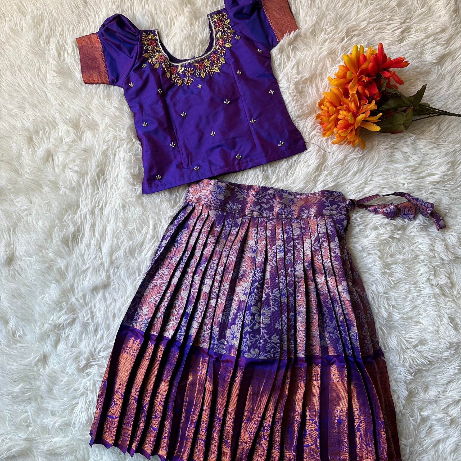 Dazzling Violet: Silver Zari Skirt and Aari Work Top in Luxurious Semi-Silk