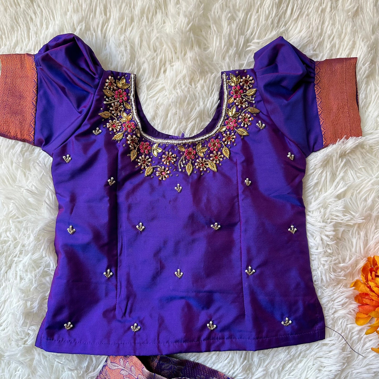 Dazzling Violet: Silver Zari Skirt and Aari Work Top in Luxurious Semi-Silk