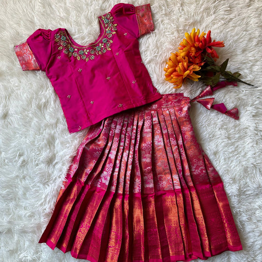 Radiant Elegance: Rani Pink Aari Work Top with Silver Zari Skirt