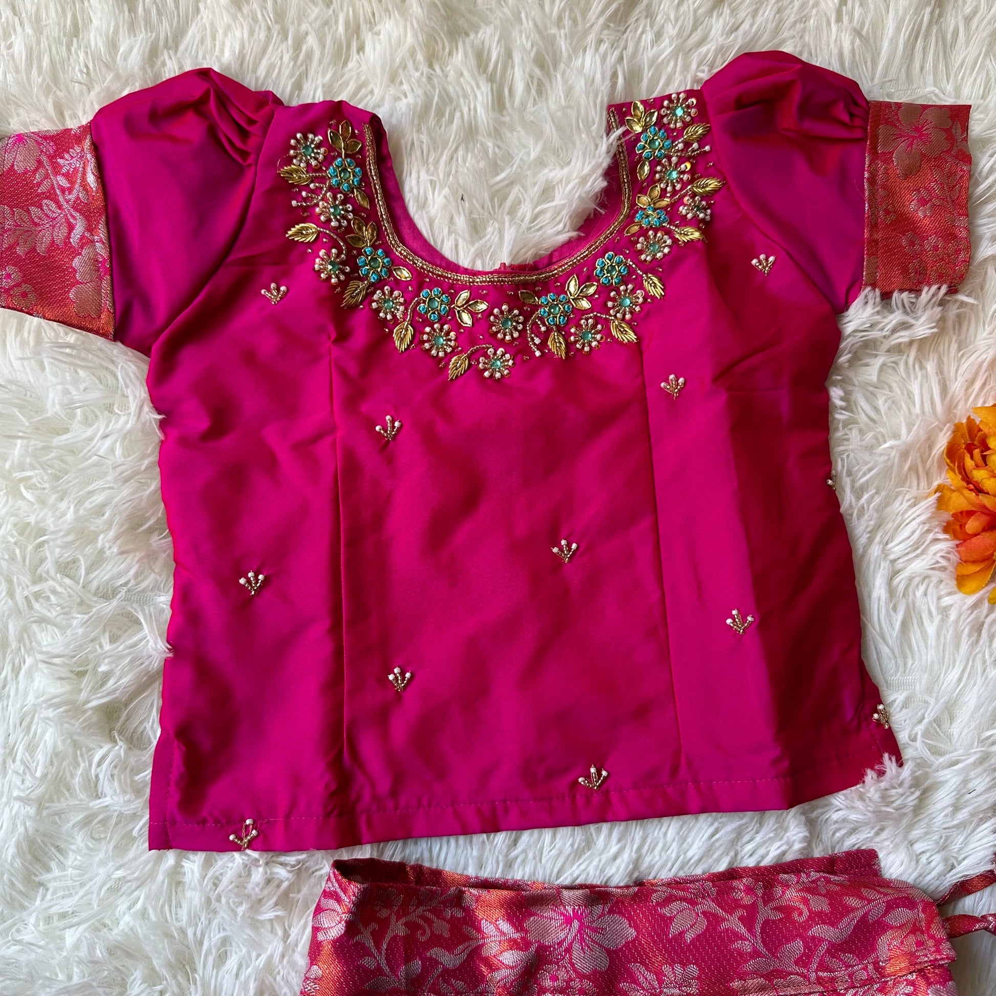 Radiant Elegance: Rani Pink Aari Work Top with Silver Zari Skirt