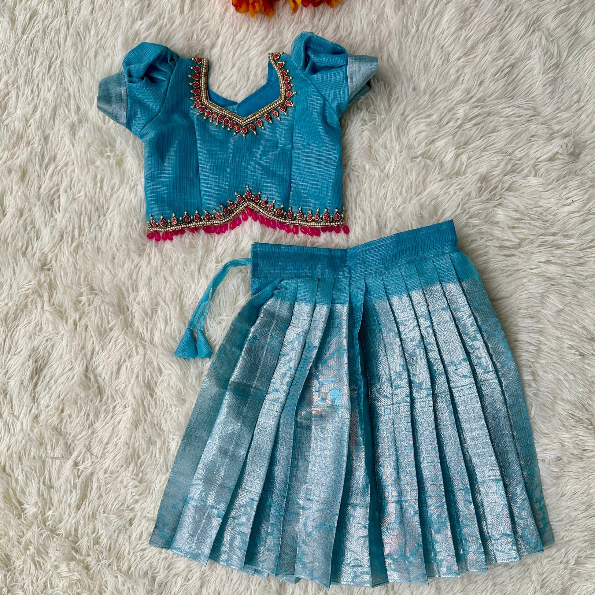 Sky Blue Glamour: Tissue Puff Sleeve Crop Top and Skirt Set Kalas Couture India Sky Blue Glamour: Tissue Puff Sleeve Crop Top and Skirt Set Kalas Couture India