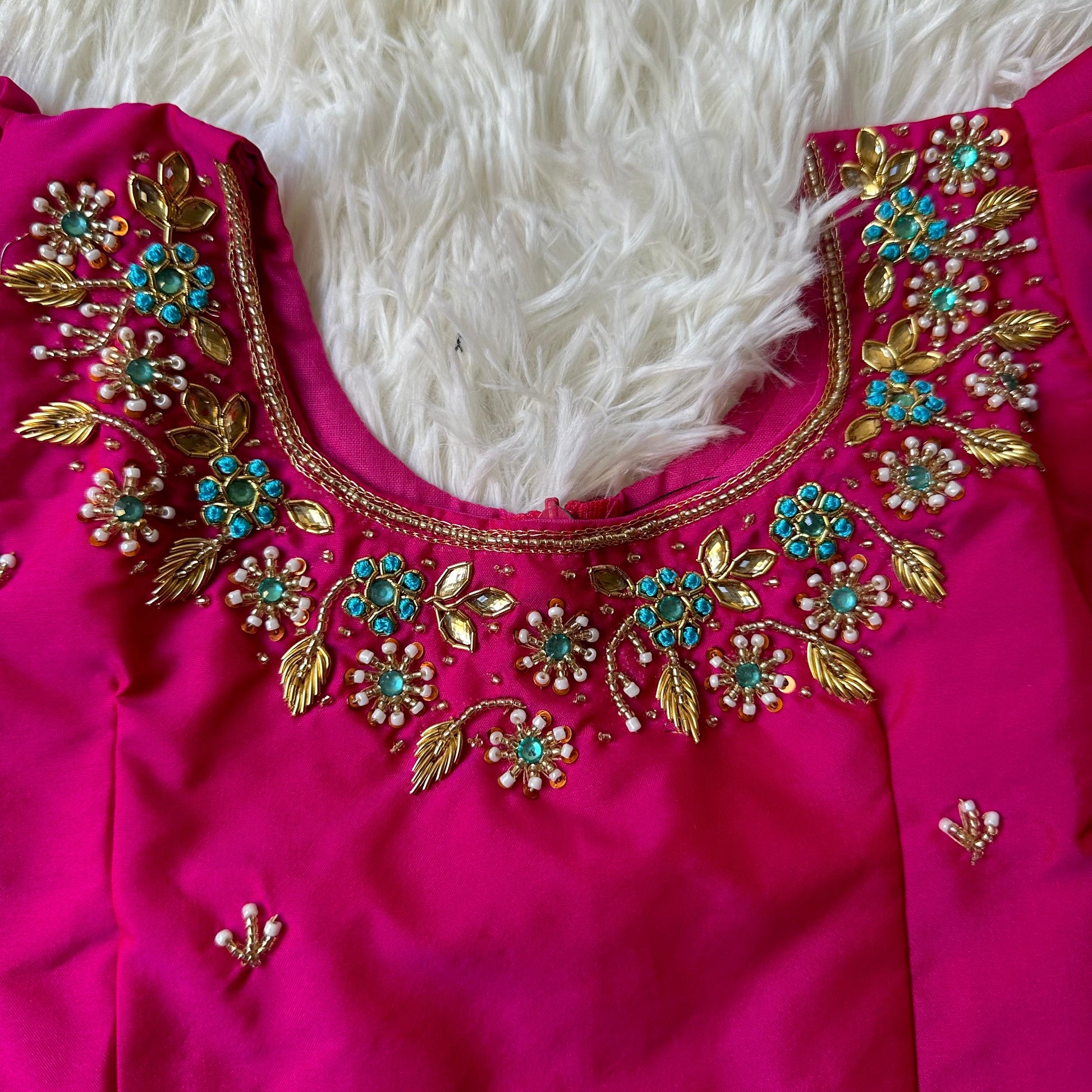 Radiant Elegance: Rani Pink Aari Work Top with Silver Zari Skirt