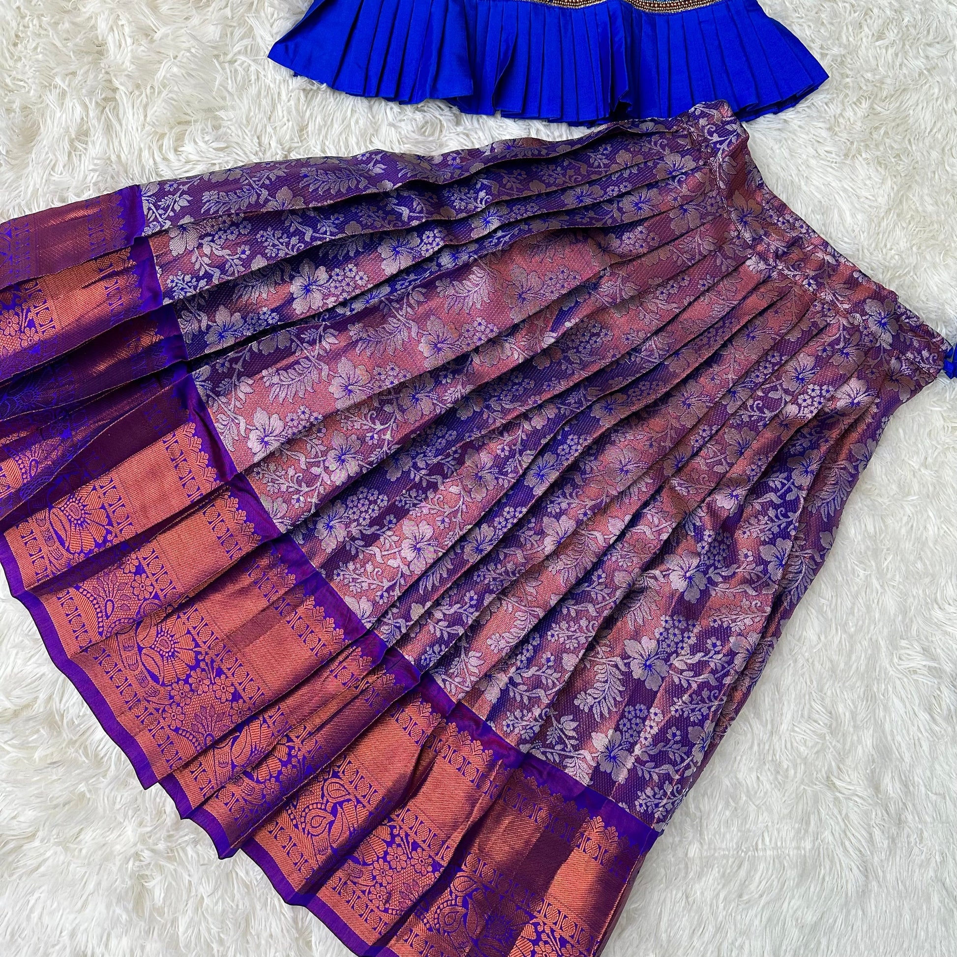 Little Royalty: Royal Blue peplum Top with semi silk Copper Zari Skirt